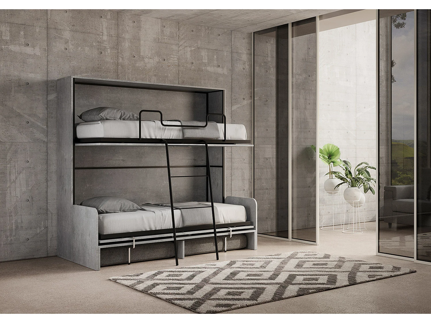 Armoire lit escamotable horizontal superposé 2 couchages 85 Kando Sofa Gris Béton -A20