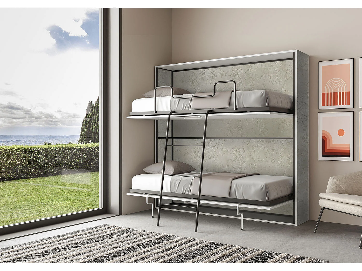 Armoire lit escamotable horizontal superposé 2 couchages 85 Kando avec matelas Cachemire