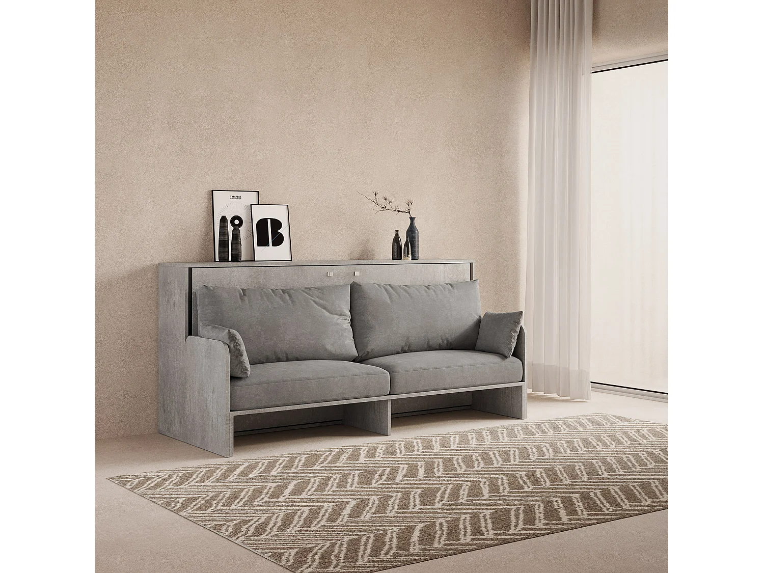 Cama de solteiro Kando com sofá de concreto, cinza