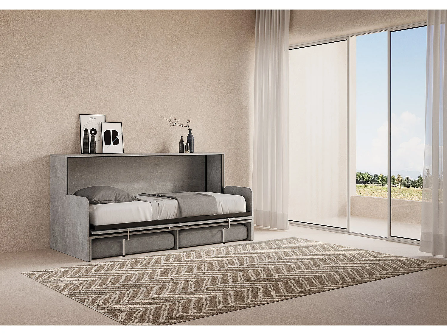 Armoire lit escamotable horizontal 1 couchage 85 Kando Sofa Gris Béton -A20
