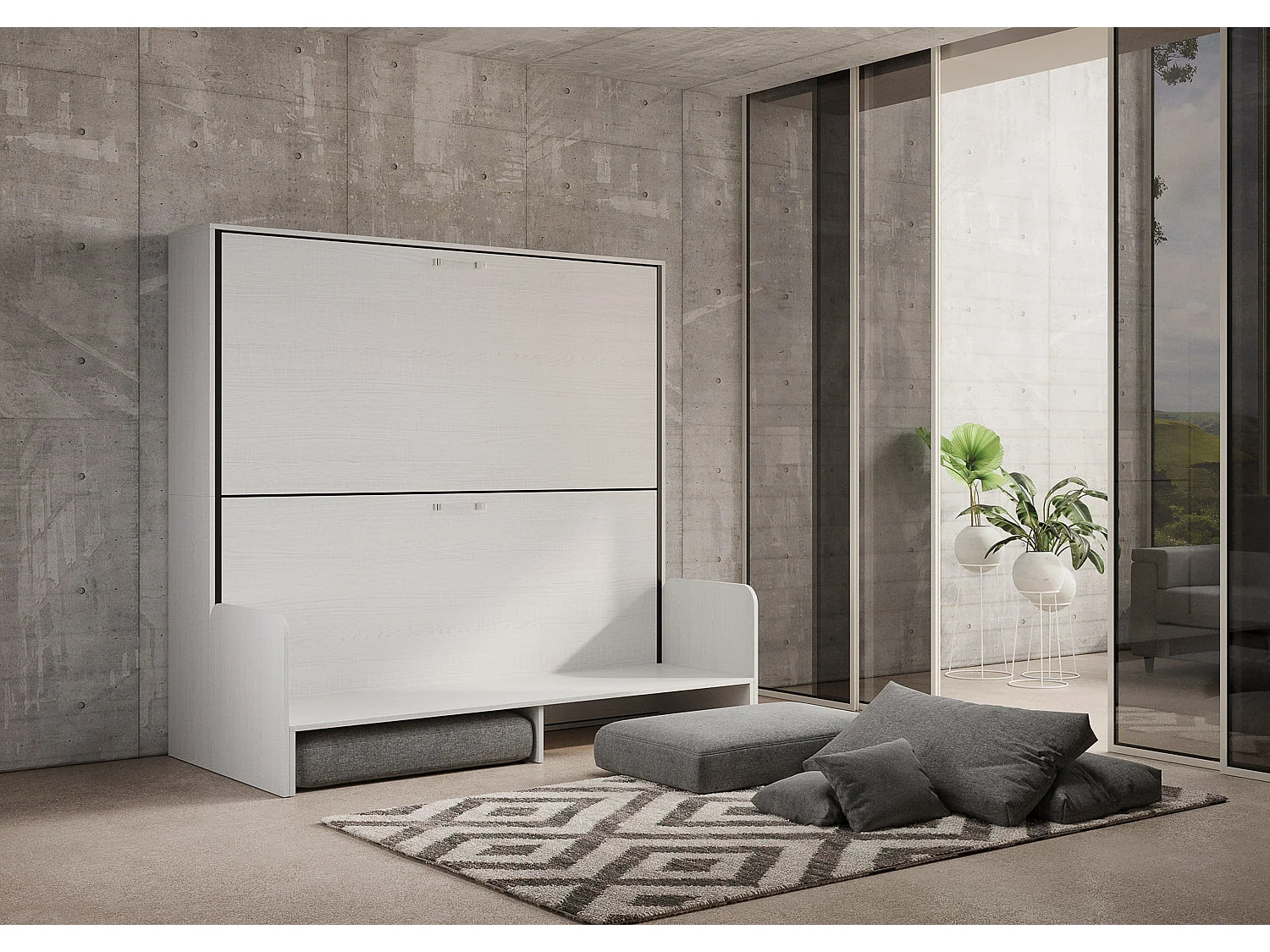 Kando tweepersoonsbed met witte essenhouten bank, grijs