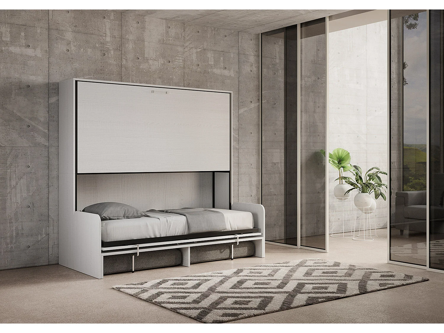 Kando tweepersoonsbed met witte essenhouten bank, grijs