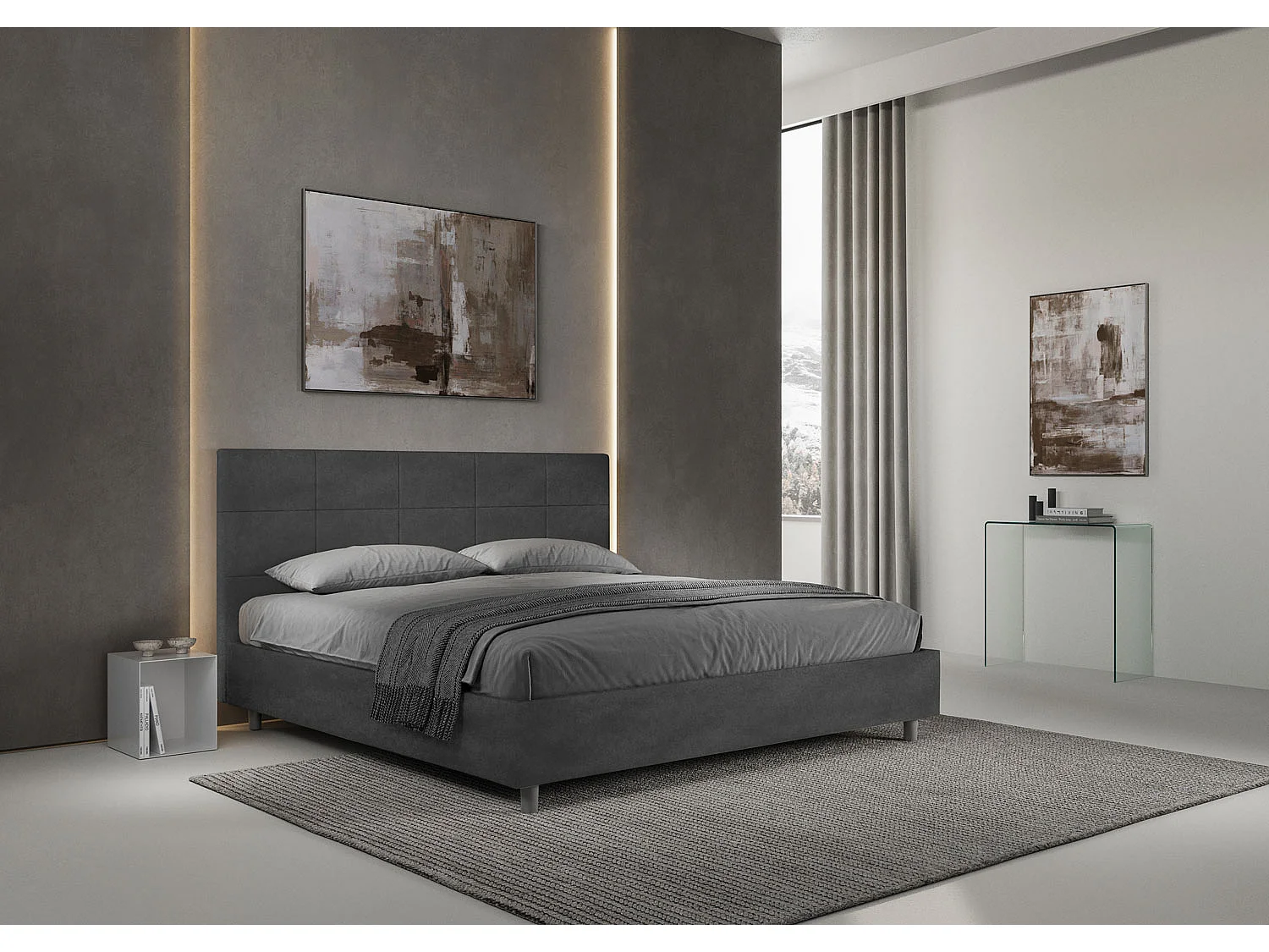 Cama matrimonial con almacenaje acolchada 200x200 microfibra gris Mika