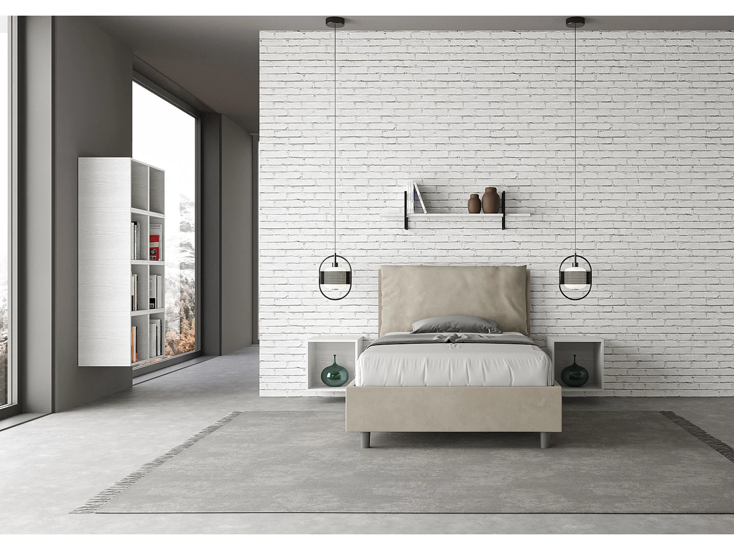 Cama de una plaza y medio con almacenaje acolchada 120x200 microfibra arena Antea Large