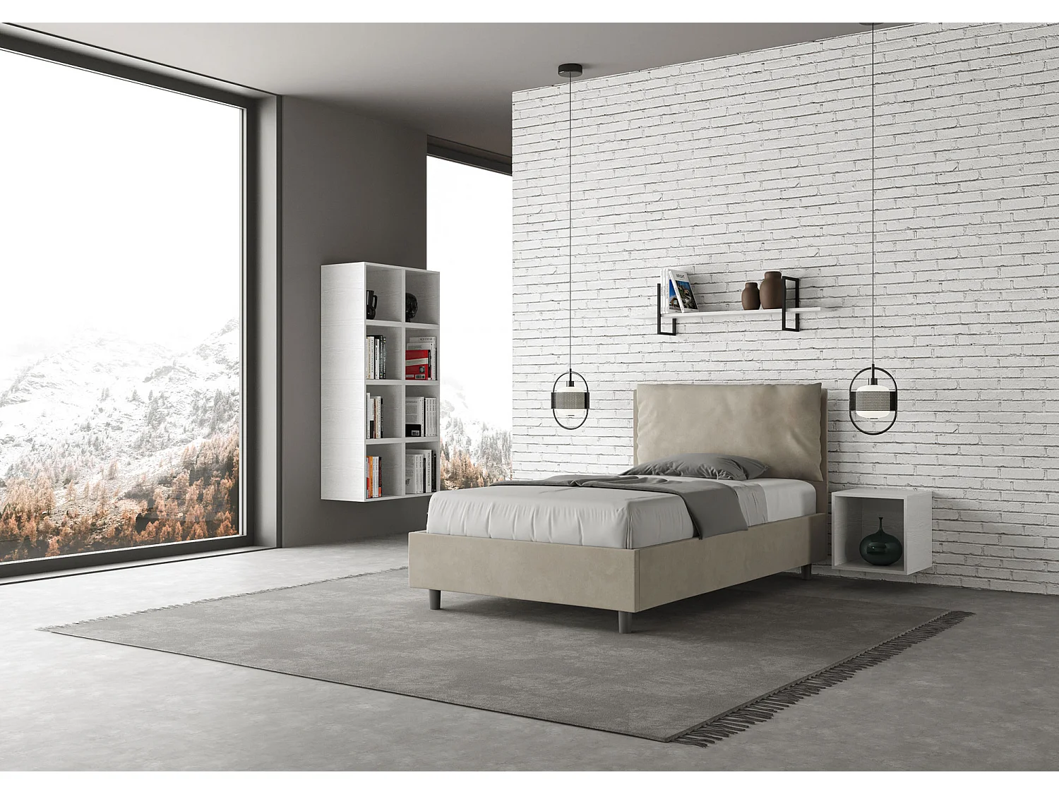 Lit 1 place et demi coffre rembourré 120x210 microfibre sable Antea Large