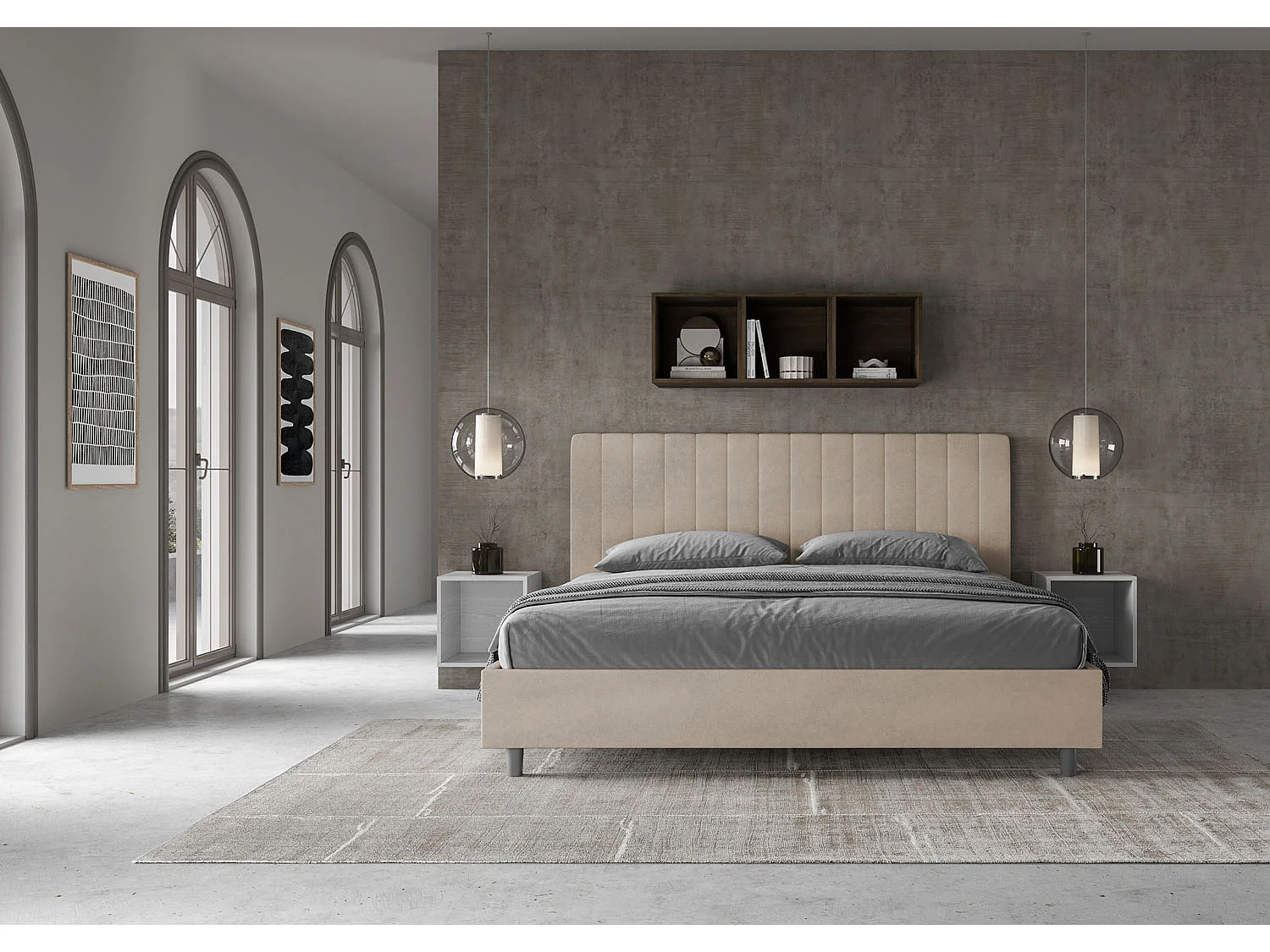 ityhome Letto matrimoniale king size contenitore imbottito 180x190 microfibra sabbia Agueda