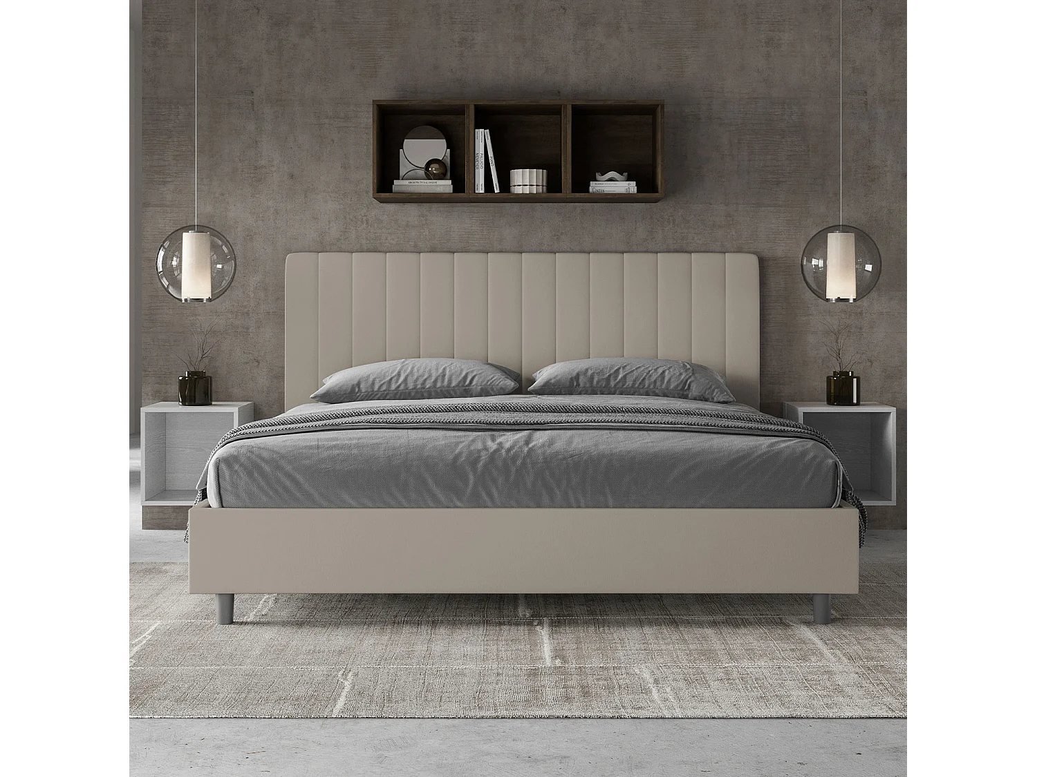 Cama matrimonial con almacenaje acolchada 200x210 cuero sintético gris paloma Agueda
