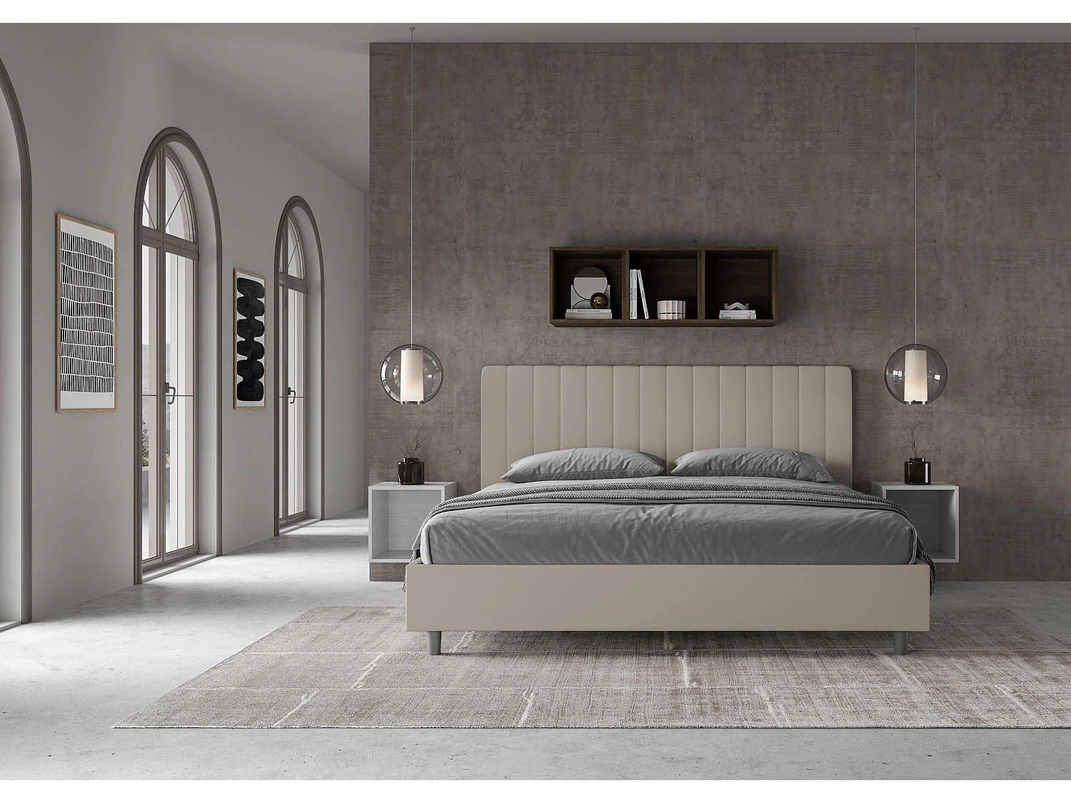 Lit king size coffre rembourré 200x210 similicuir taupe Agueda