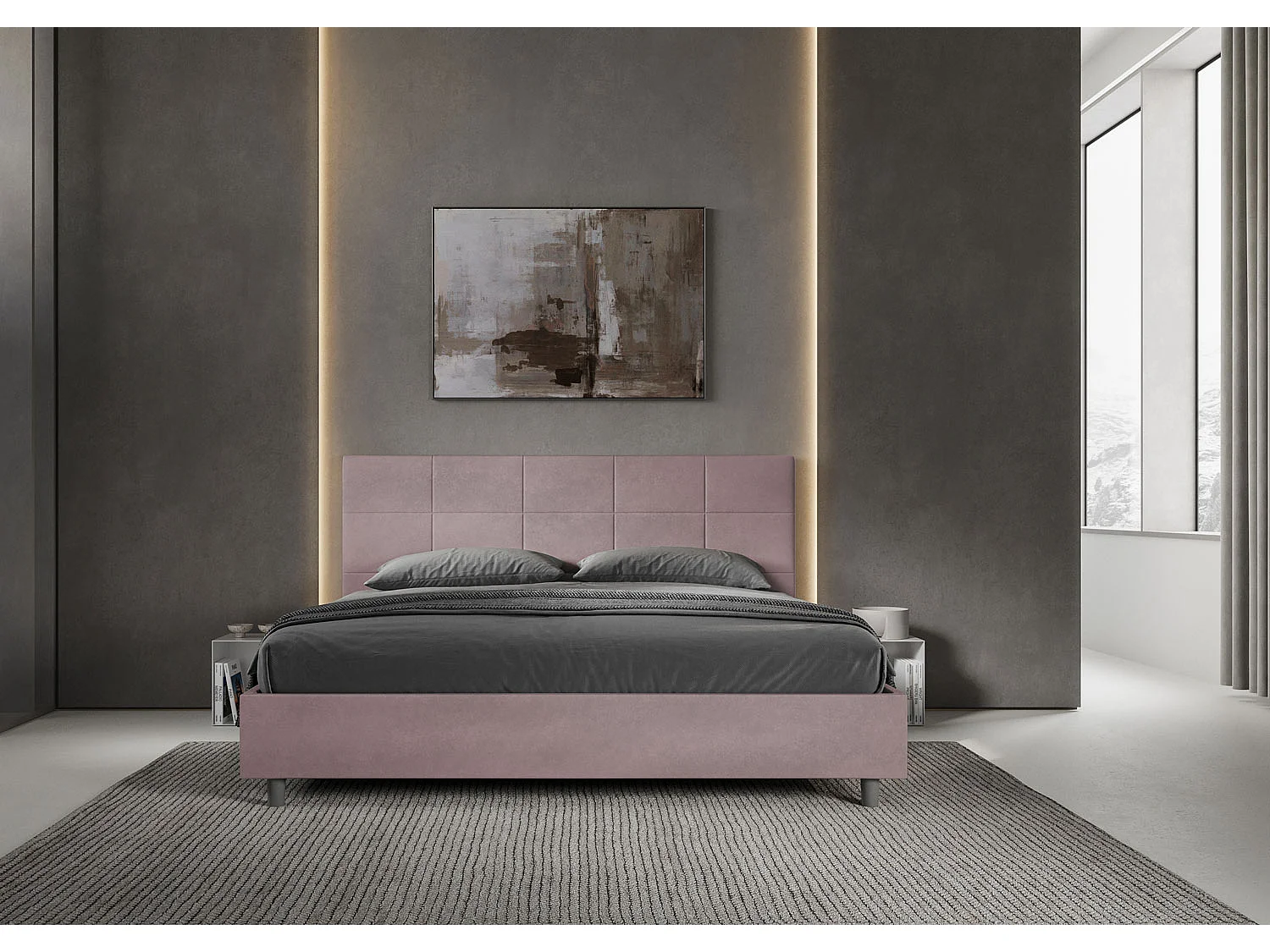 Lit king size coffre rembourré 180x200 microfibre lilas Mika