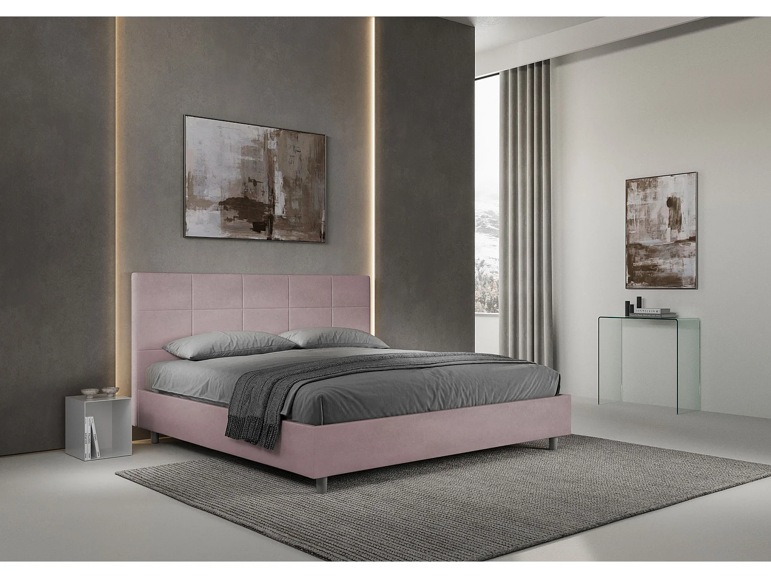 Lit king size coffre rembourré 180x200 microfibre lilas Mika