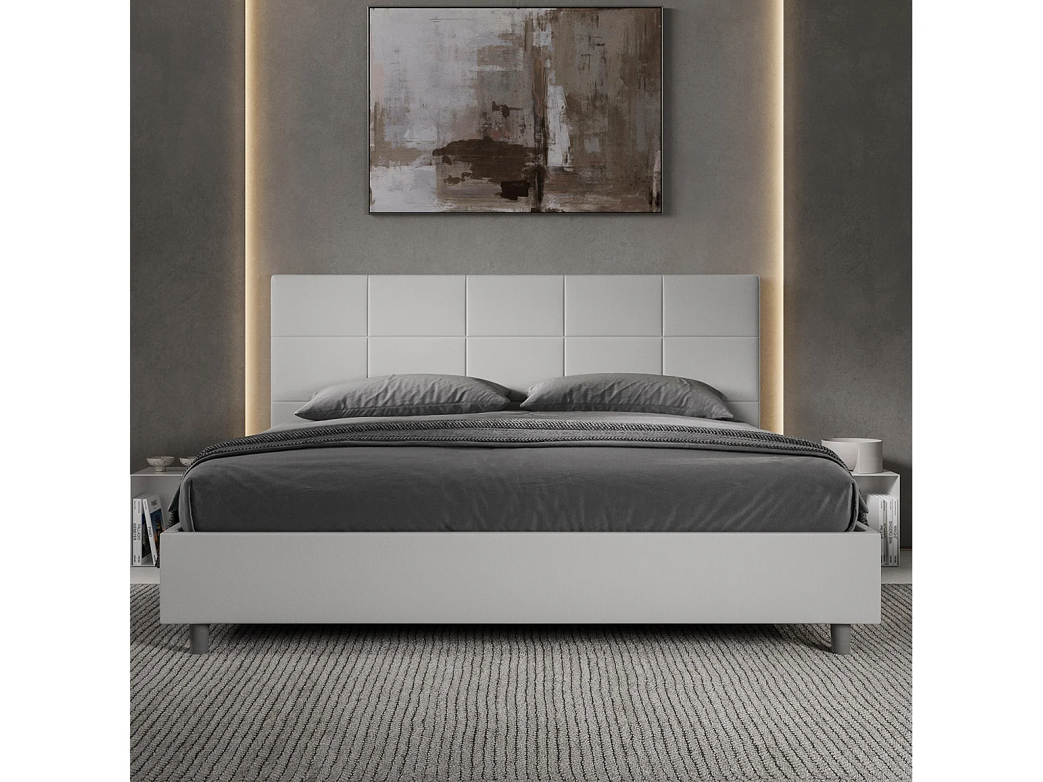 Lit king size coffre rembourré 180x210 similicuir blanc Mika