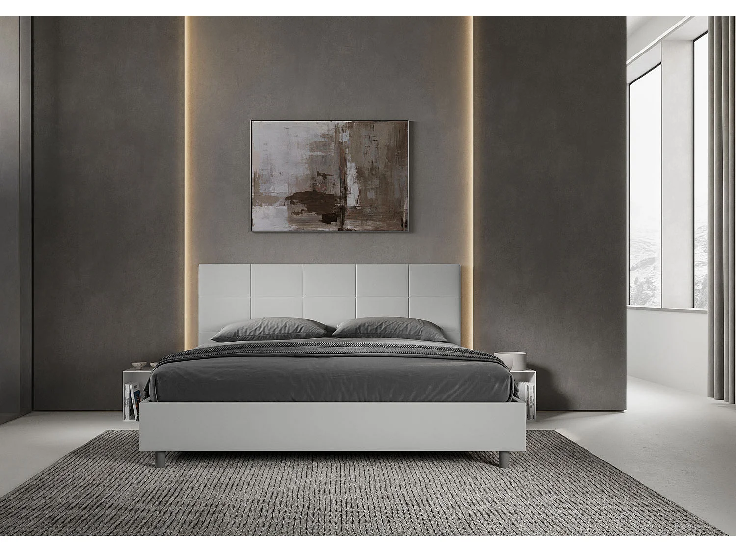 Lit king size coffre rembourré 180x210 similicuir blanc Mika