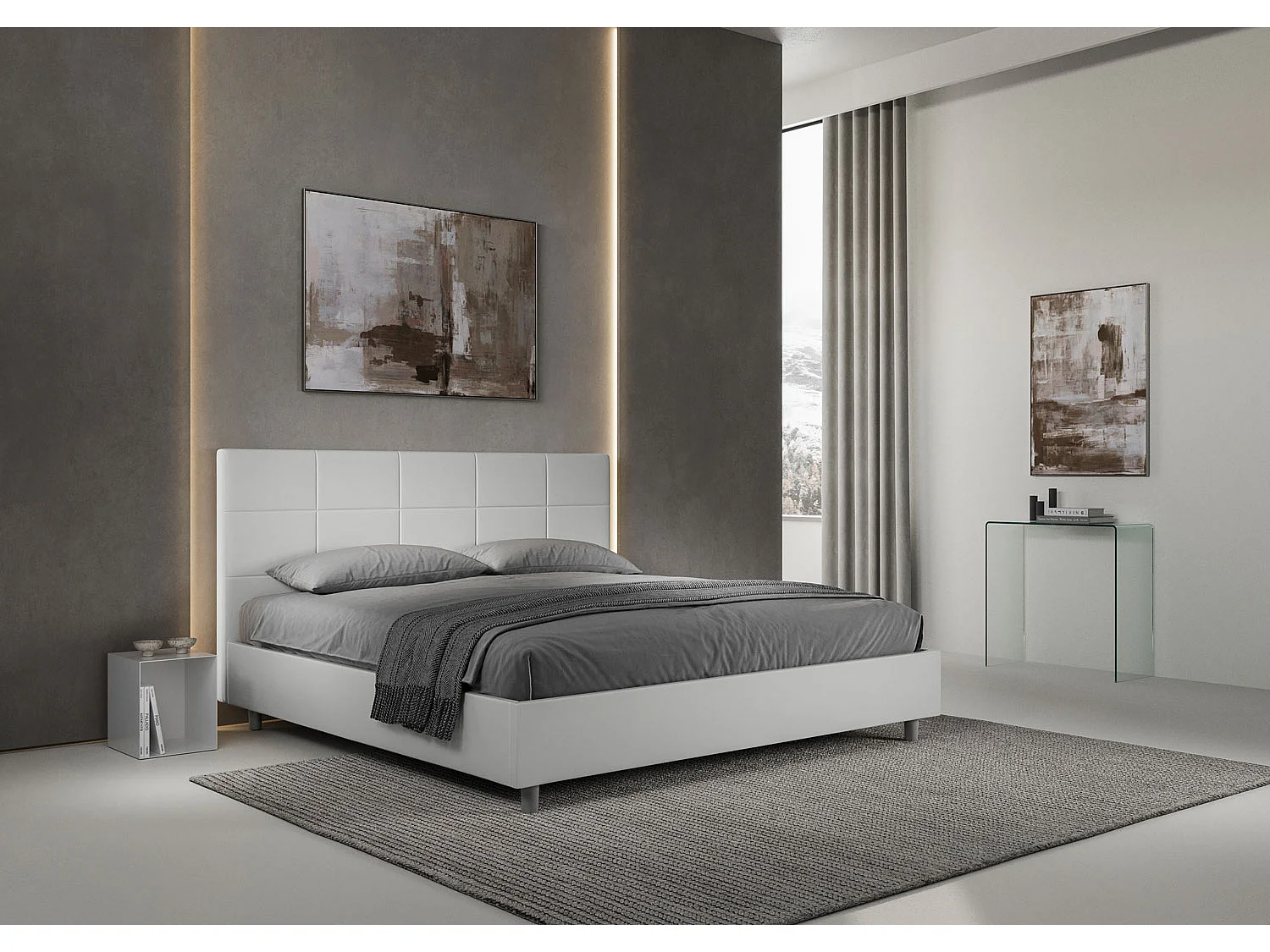 Lit king size coffre rembourré 180x210 similicuir blanc Mika