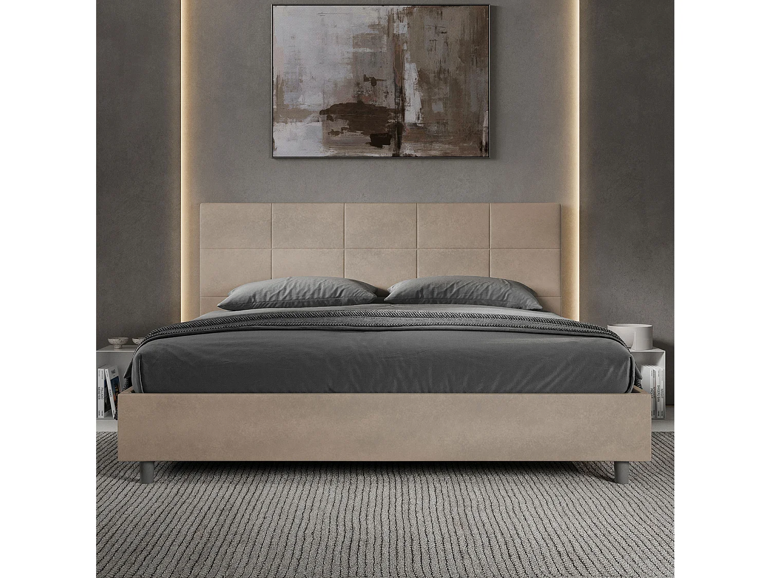 Gepolstertes Bett mit Bettkasten 180x190 mit Mikrofaserbezug Sandfarbe Mika