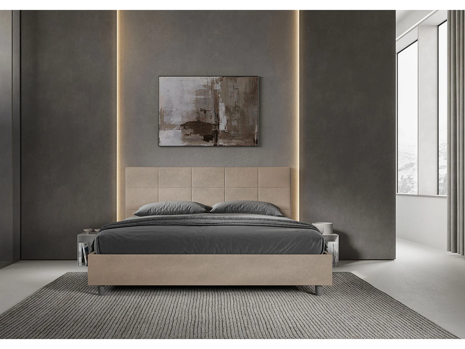 Gepolstertes Bett mit Bettkasten 180x190 mit Mikrofaserbezug Sandfarbe Mika