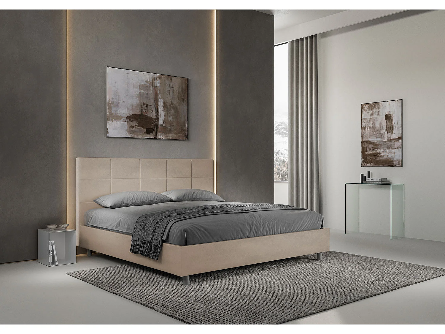 Gepolstertes Bett mit Bettkasten 180x190 mit Mikrofaserbezug Sandfarbe Mika