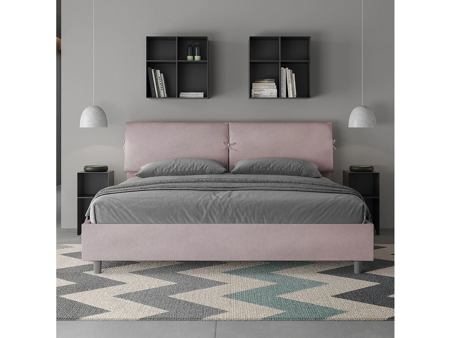 Gepolstertes Bett mit Bettkasten 180x200 mit Mikrofaserbezug Fliederfarbe Mados