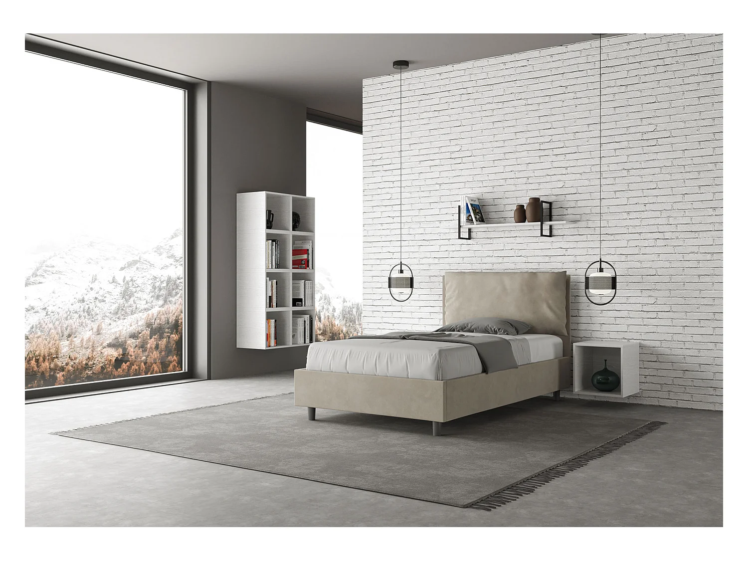 Lit 1 place et demi coffre rembourré 120x190 microfibre sable Antea Large