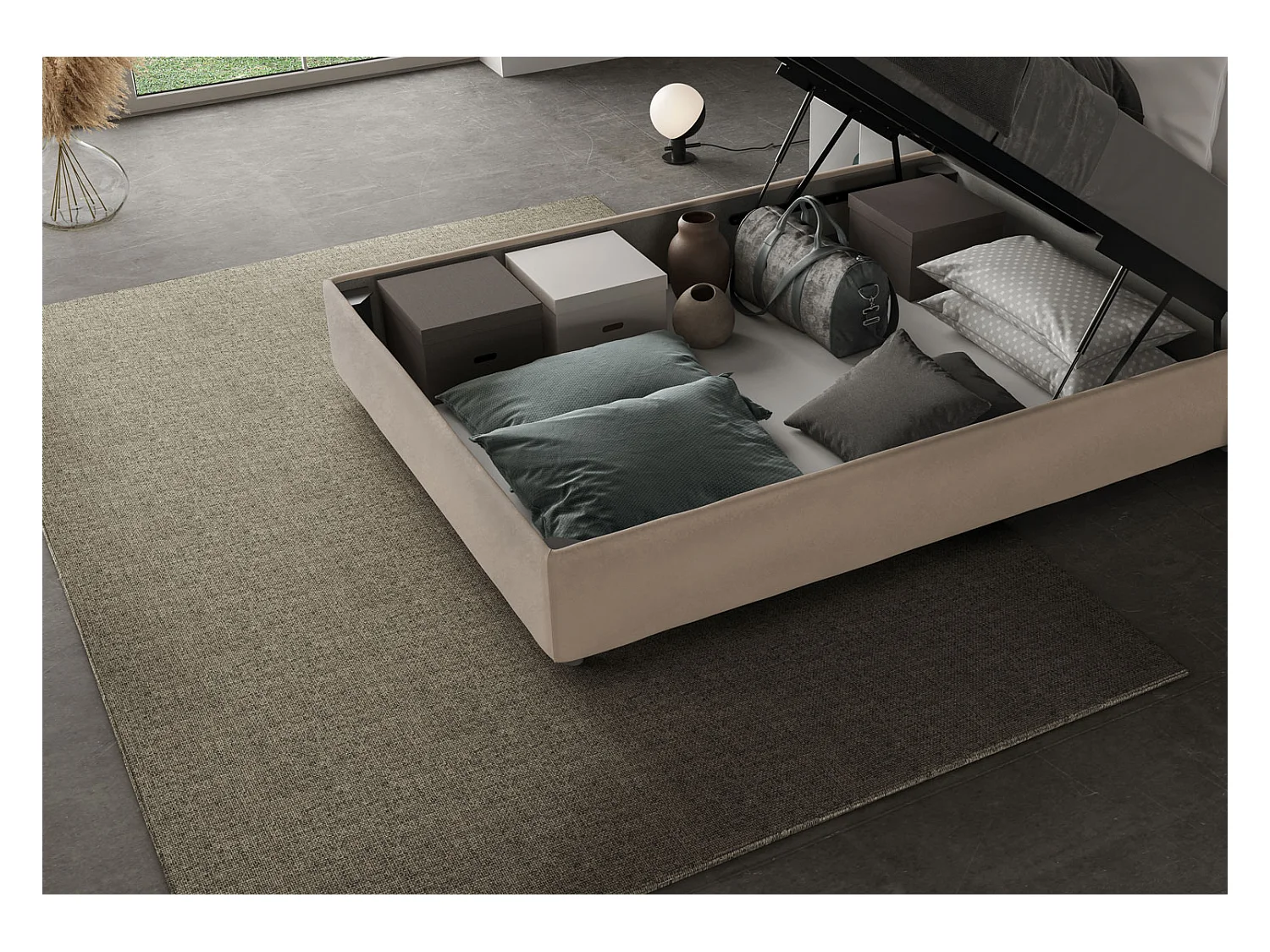 Lit 1 place et demi coffre rembourré 120x190 microfibre sable Antea Large