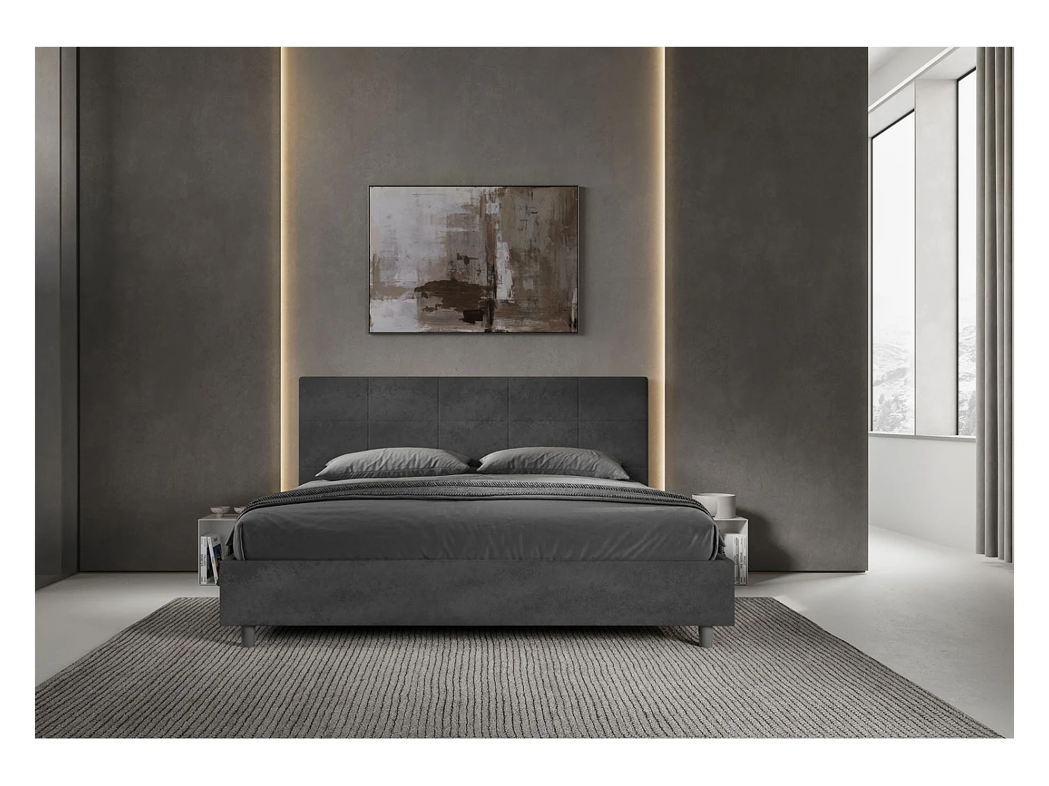 Lit king size coffre rembourré 200x210 microfibre gris Mika