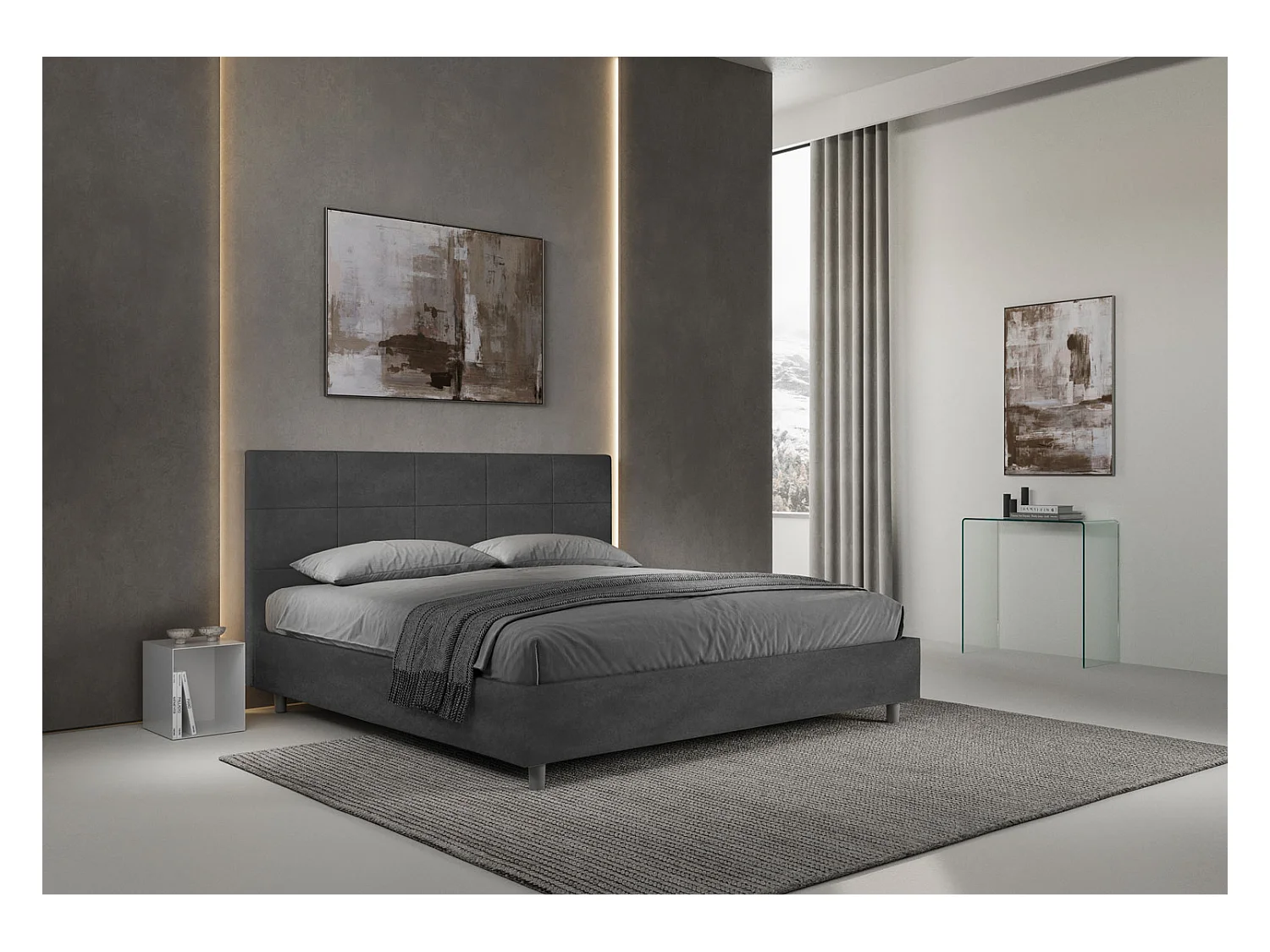 Lit king size coffre rembourré 200x210 microfibre gris Mika