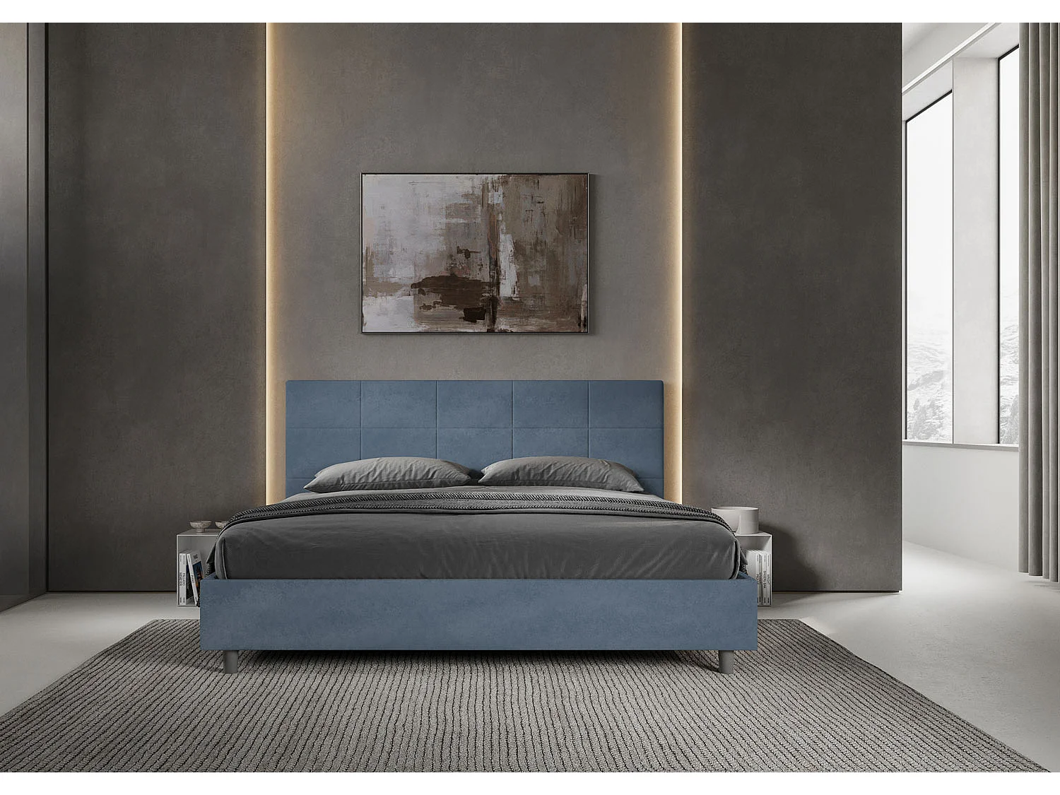 Lit king size coffre rembourré 200x200 microfibre bleu Mika