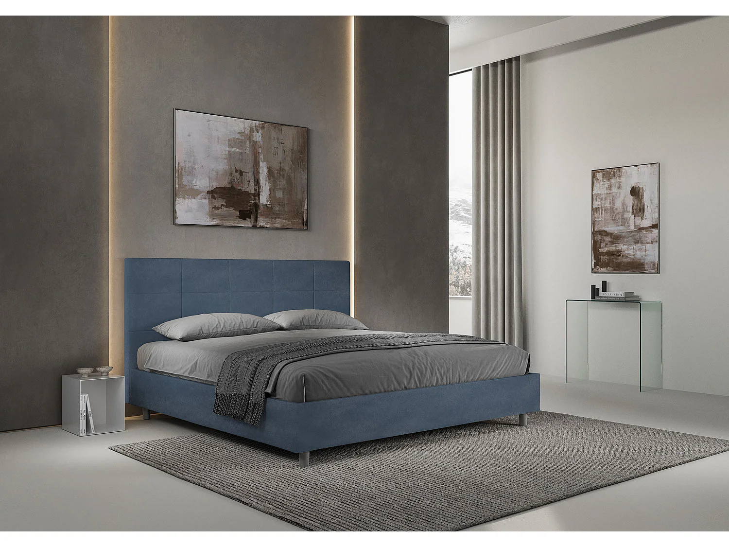 Lit king size coffre rembourré 200x200 microfibre bleu Mika