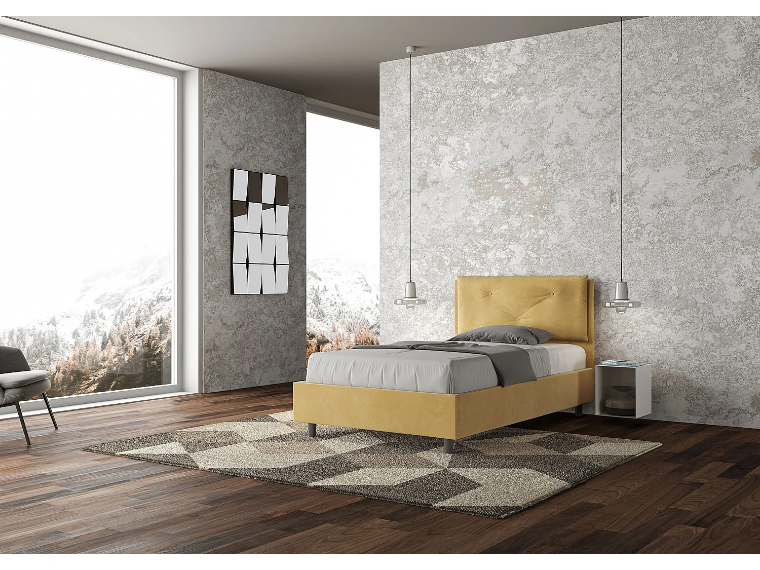 Lit 1 place et demi coffre rembourré 120x200 microfibre ocre Appia Large