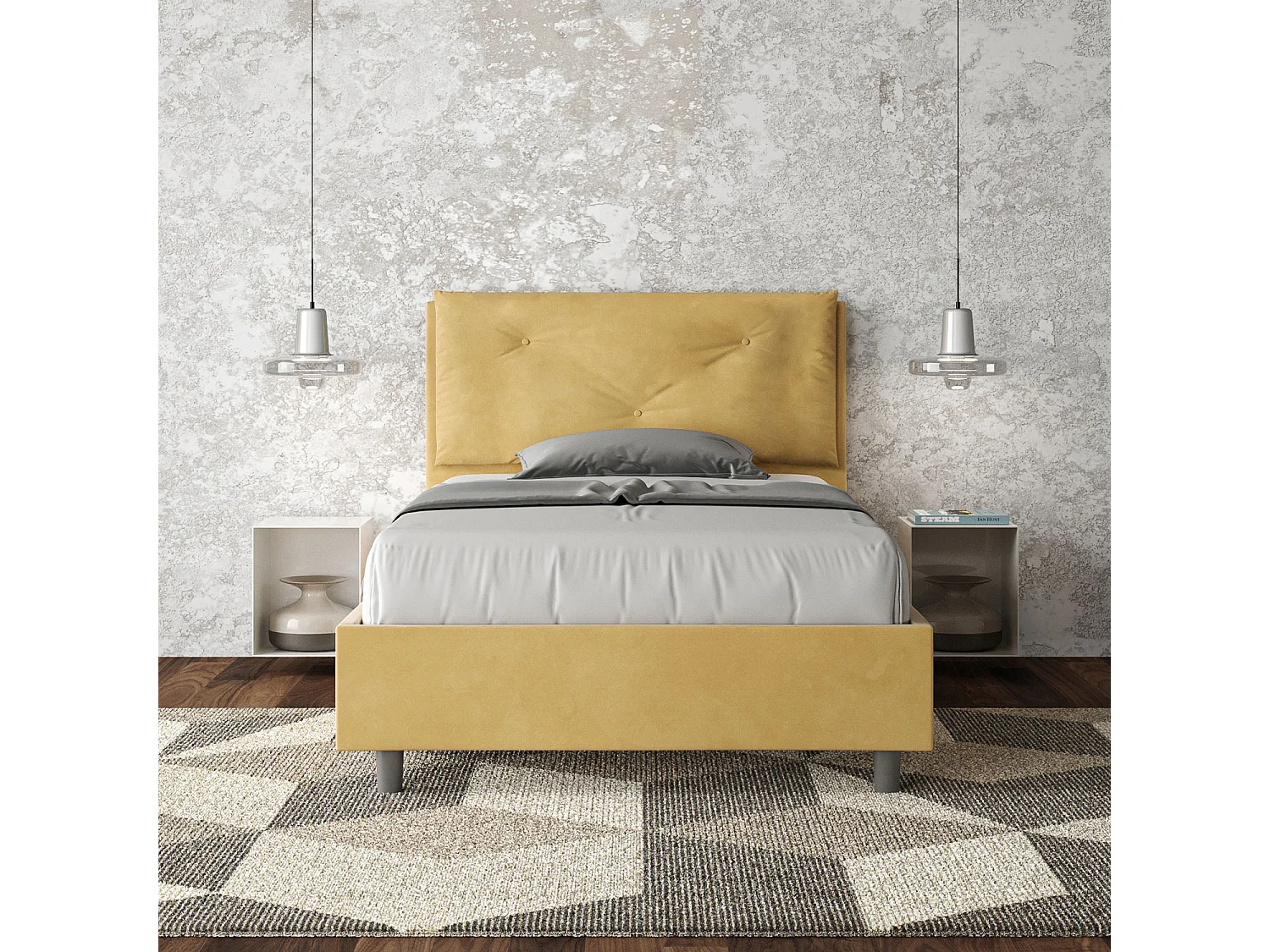 Lit 1 place et demi coffre rembourré 120x200 microfibre ocre Appia Large