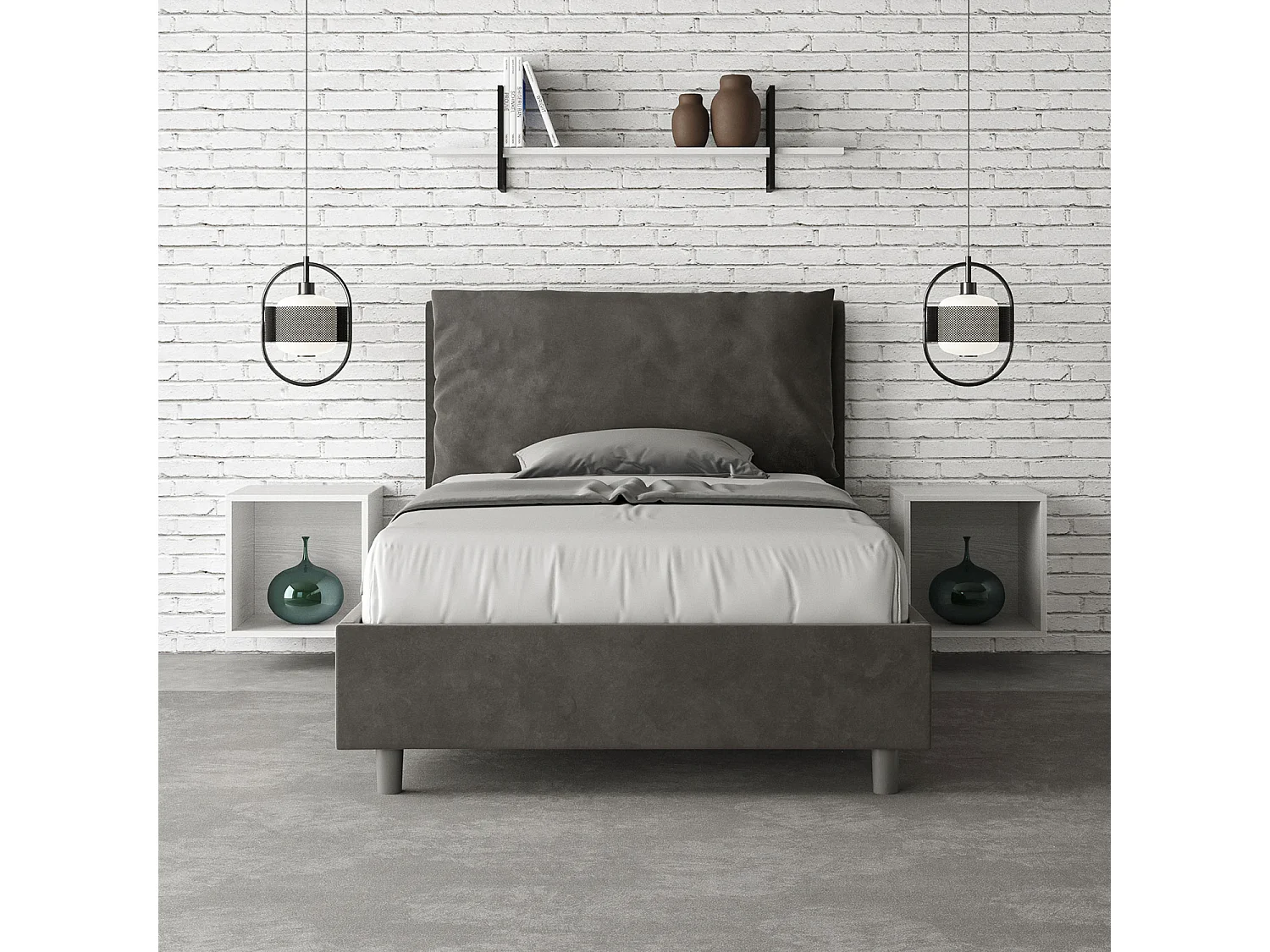 Cama de una plaza y medio con almacenaje acolchada 120x190 microfibra gris Antea Large