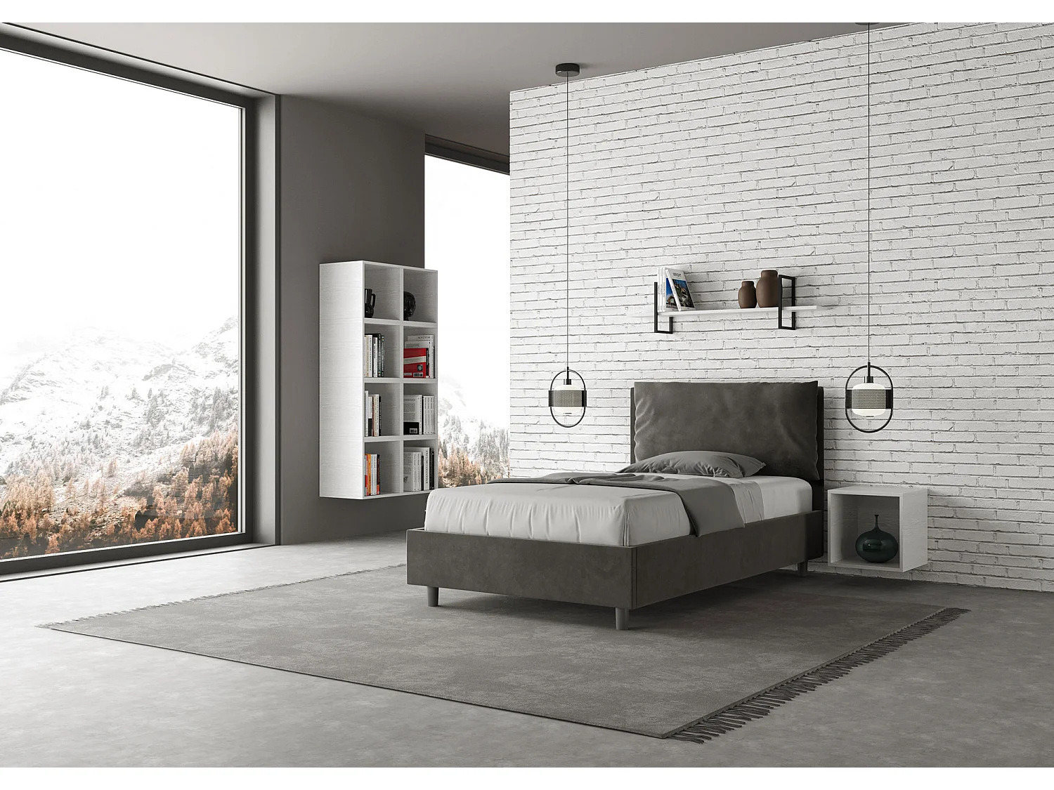 Cama de una plaza y medio con almacenaje acolchada 120x190 microfibra gris Antea Large