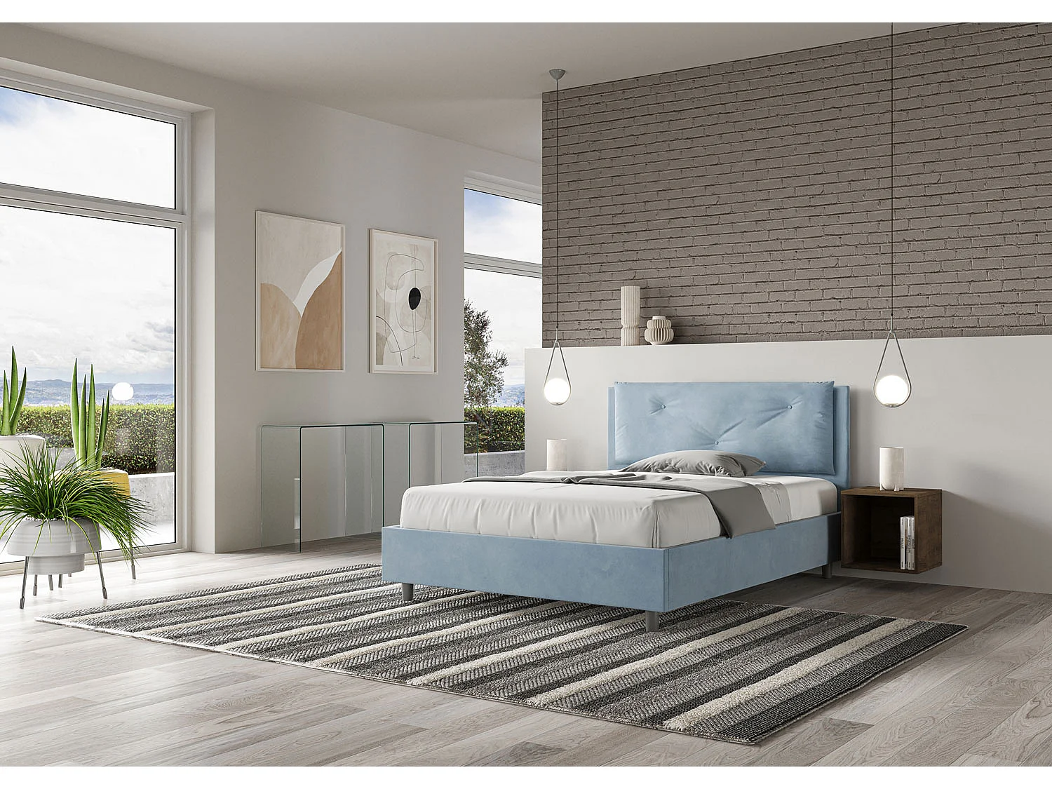 Gepolstertes Bett mit Bettkasten 140x200 mit Mikrofaserbezug Himmelblau Appia Large