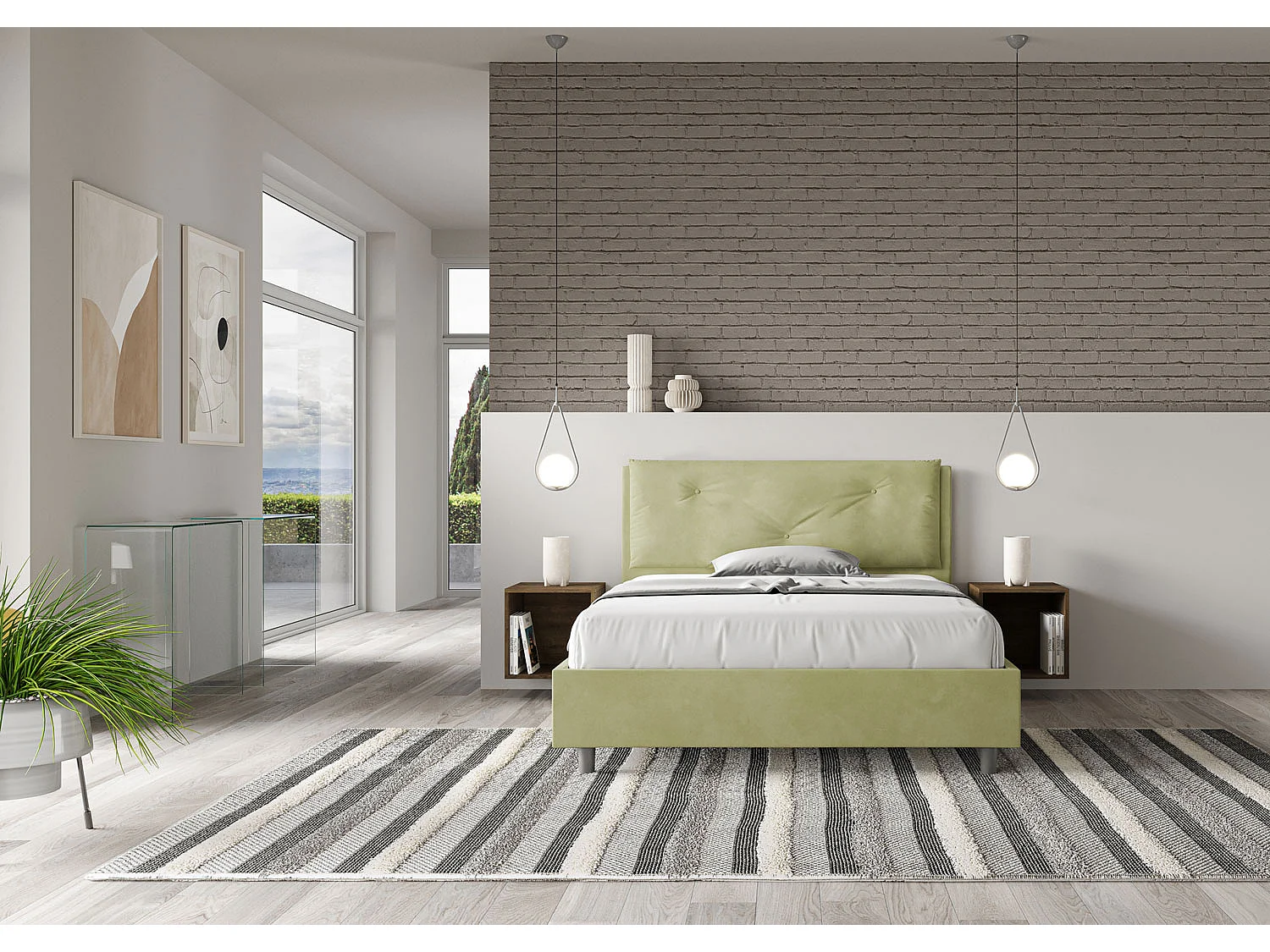 Letto matrimoniale francese contenitore imbottito 140x200 microfibra tè verde Appia Large