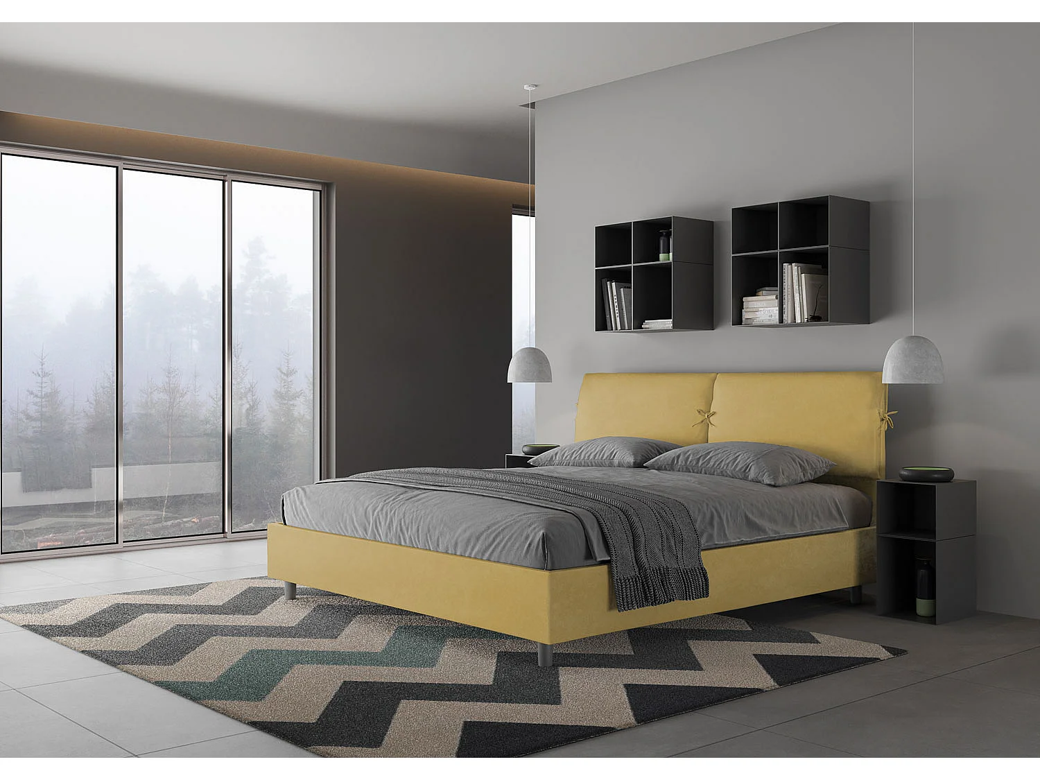 Cama de casal super king size com arrumação estofada 200x200 microfibra ocre Mados