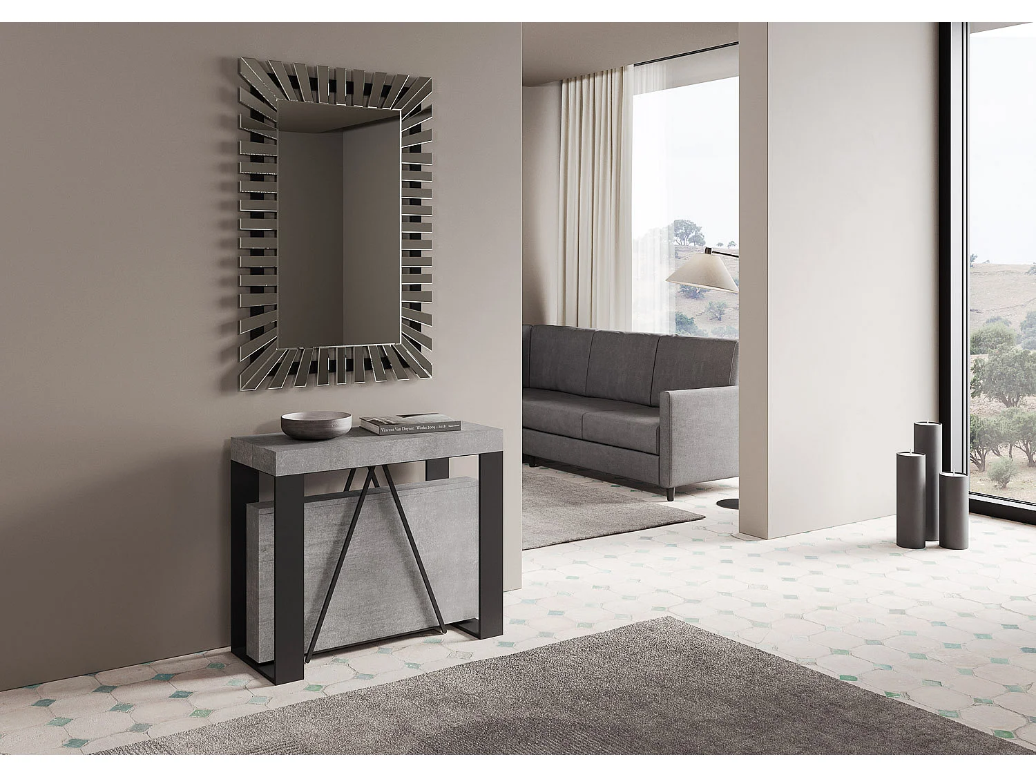 Console extensible 90x40/300cm Zamat gris béton cadre anthracite