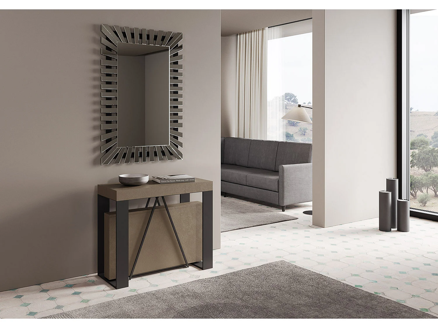 Console extensible 90x40/300cm Zamat taupe cadre anthracite
