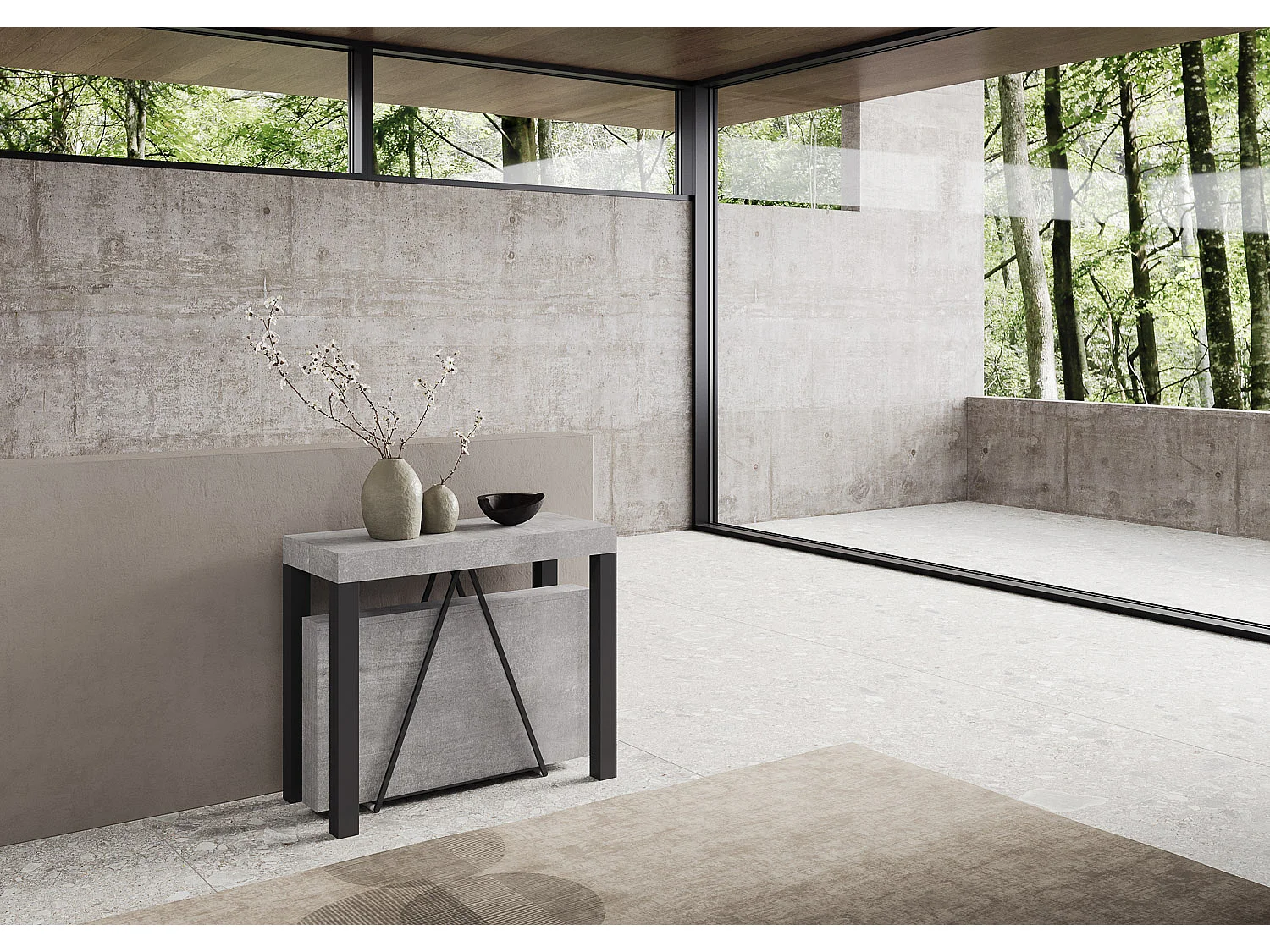 Console extensible 90x40/300 cm Tiris gris béton cadre anthracite