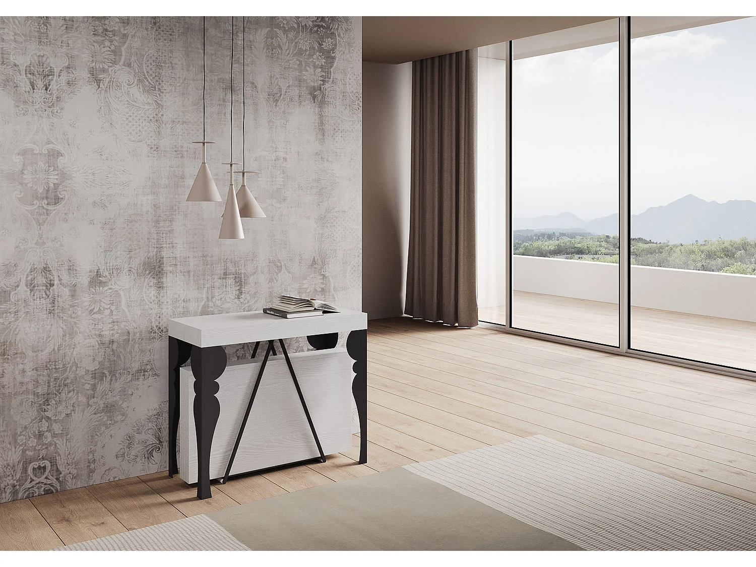 Console extensible 90x40/300 cm Riza frêne blanc cadre anthracite