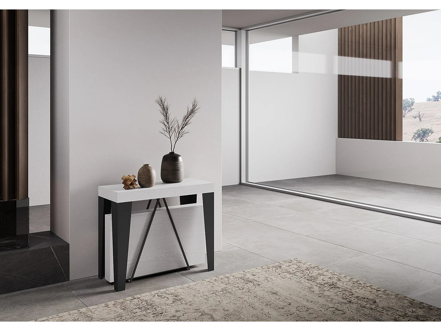 Uitschuifbare sidetable 90x40/300 cm Algo eiken wit met antraciet frame