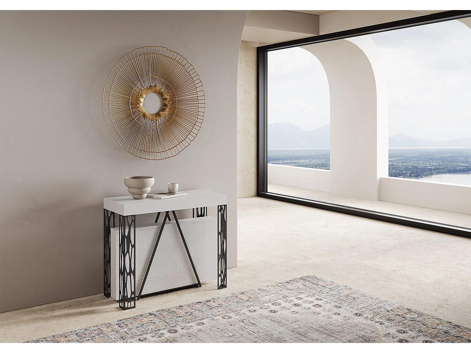 Uitschuifbare sidetable 90x40/300 cm Kerpa eiken wit met antraciet frame