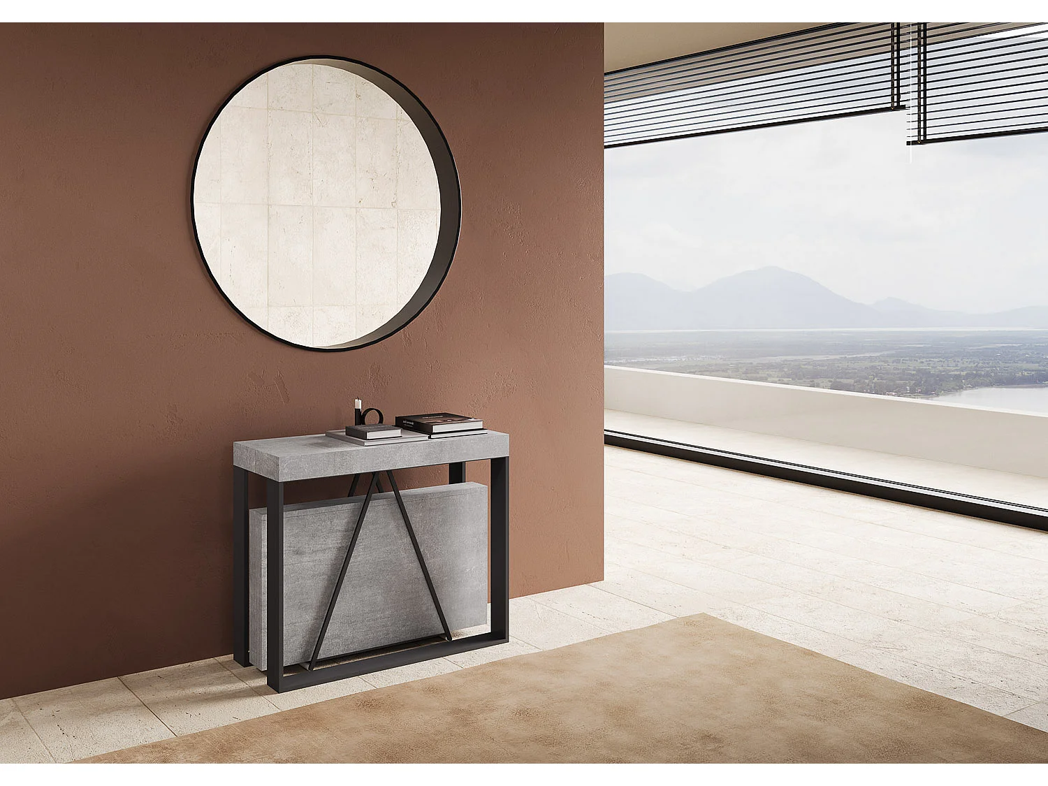 Console extensible 90x40/300cm Sketa gris béton cadre anthracite
