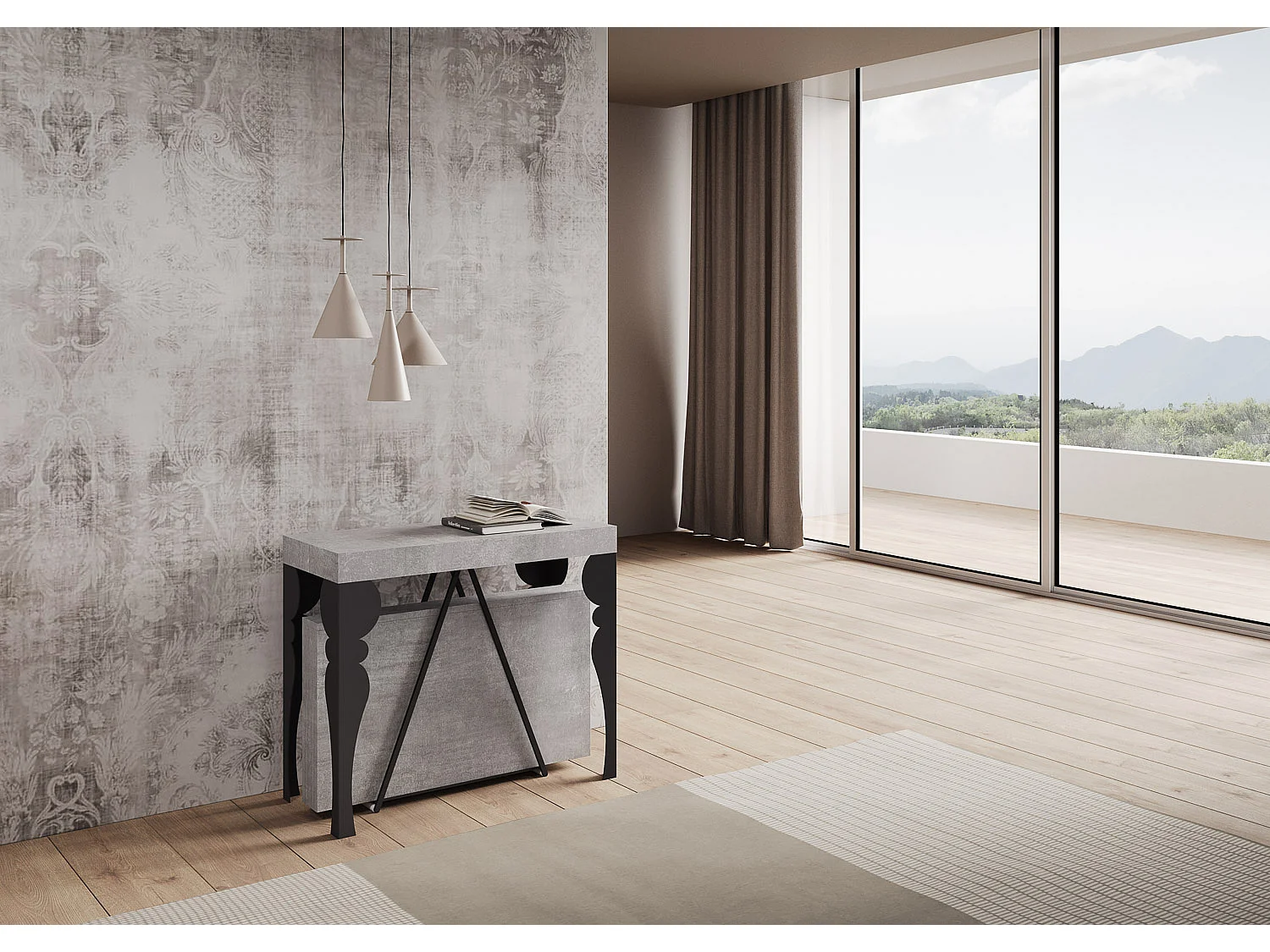 Uitschuifbare sidetable 90x40/300 cm Riza cement met antraciet frame