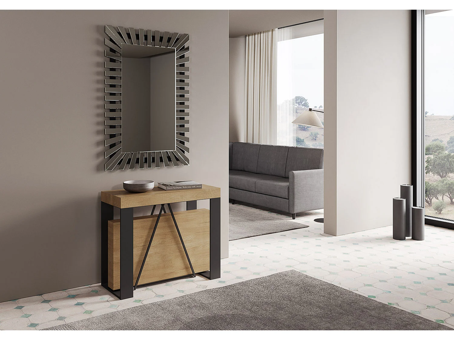 Console extensible 90x40/300cm Zamat chêne nature cadre anthracite