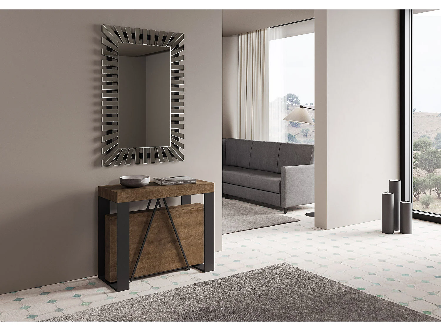 Mesa consola extensível 90x40/300cm Zamat nogueira quadro antracite