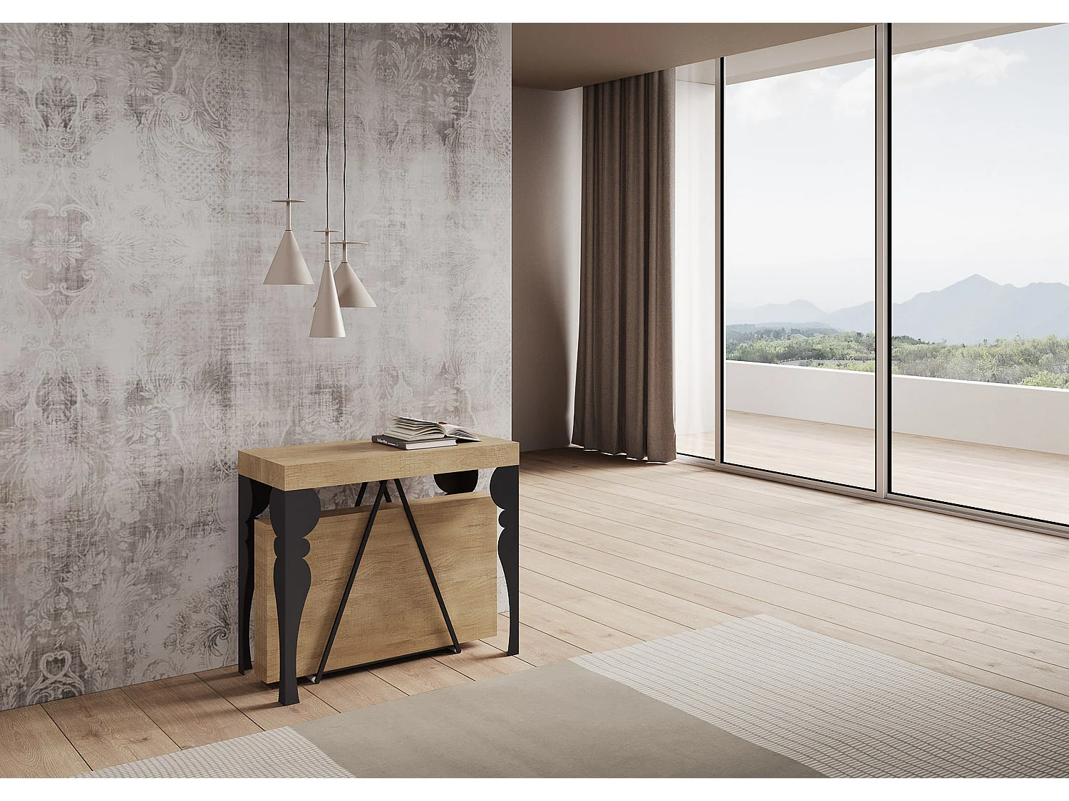 Console extensible 90x40/300 cm Riza chêne nature cadre anthracite