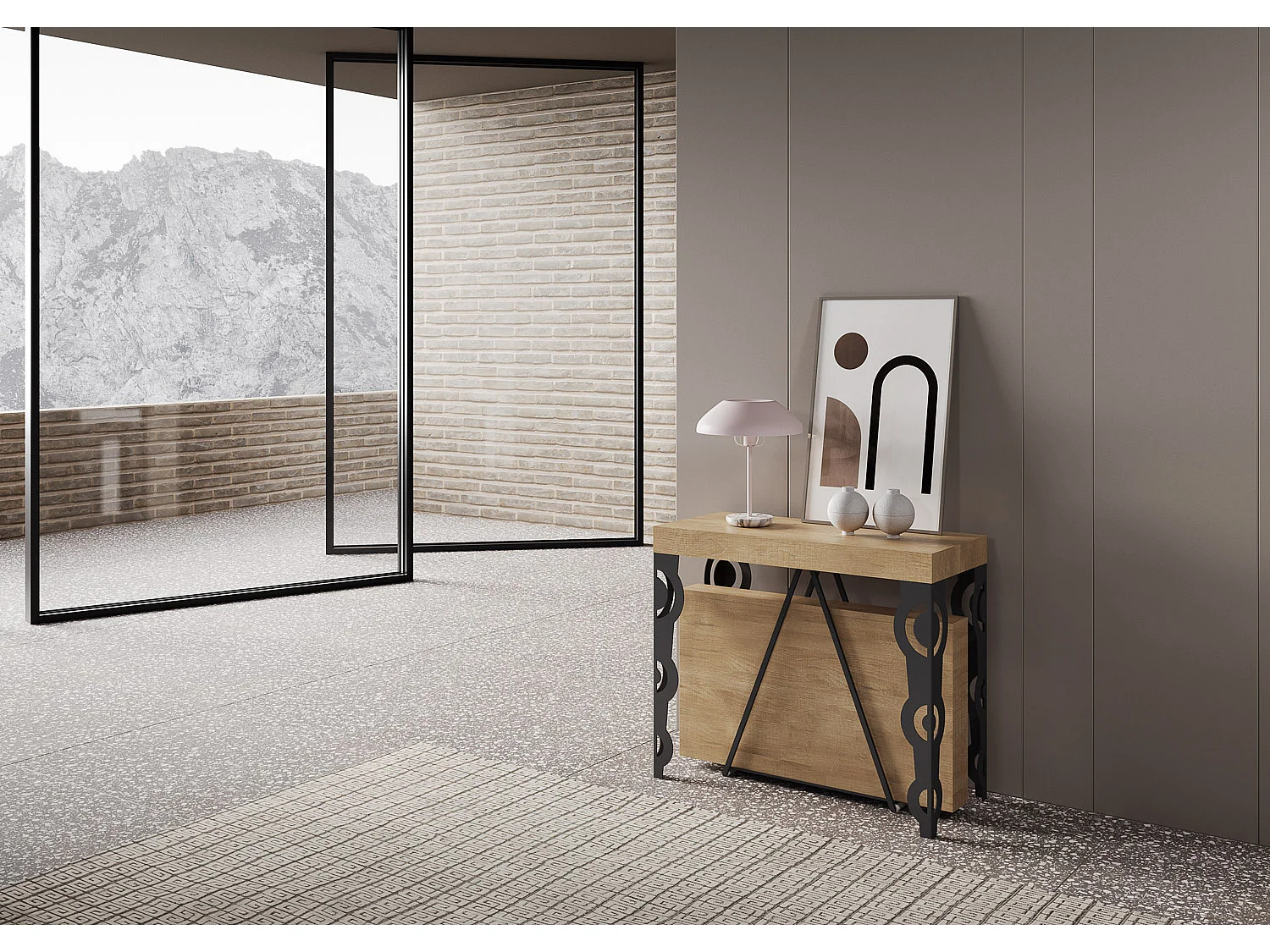 Ausziehbarer Konsolentisch 90x40/196 cm Aceres Small Eiche Natur mit Eisenrahmen aus Anthrazit