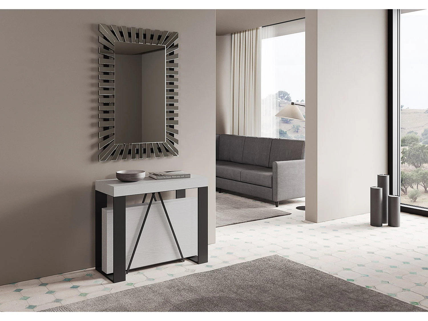 Console extensible 90x40/300cm Zamat frêne blanc cadre anthracite
