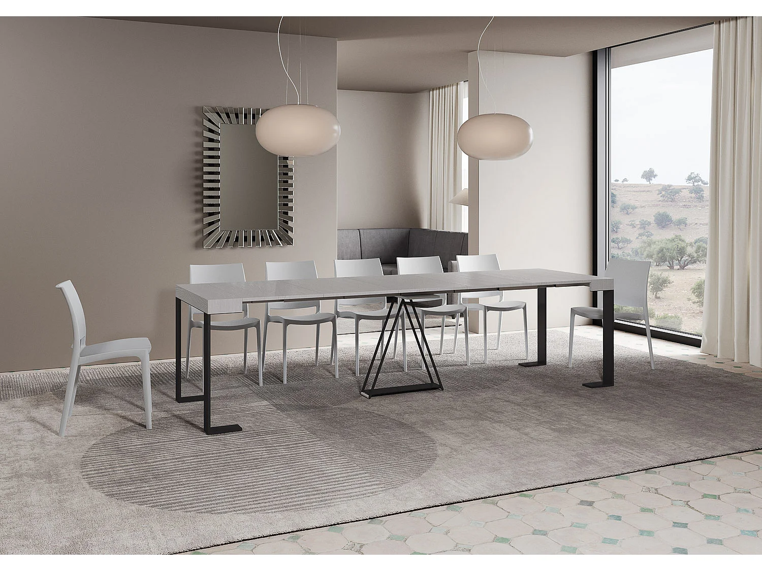 Console extensible 90x40/300cm Zamat frêne blanc cadre anthracite