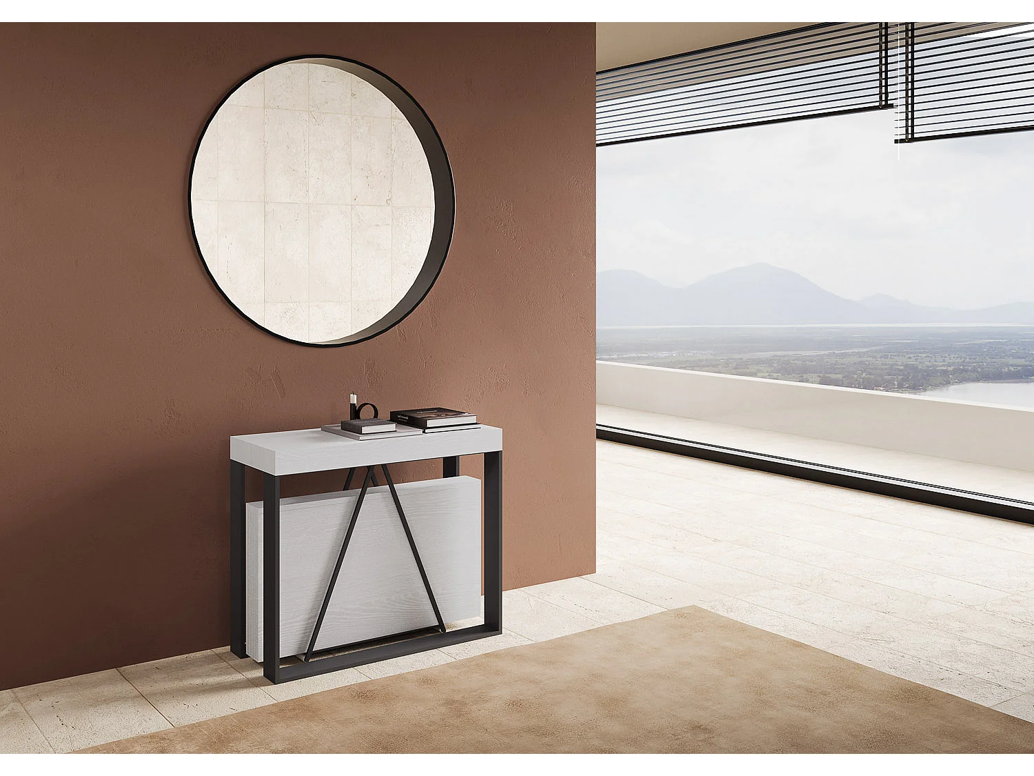 Uitschuifbare sidetable 90x40/300cm Sketa eiken wit met antraciet frame