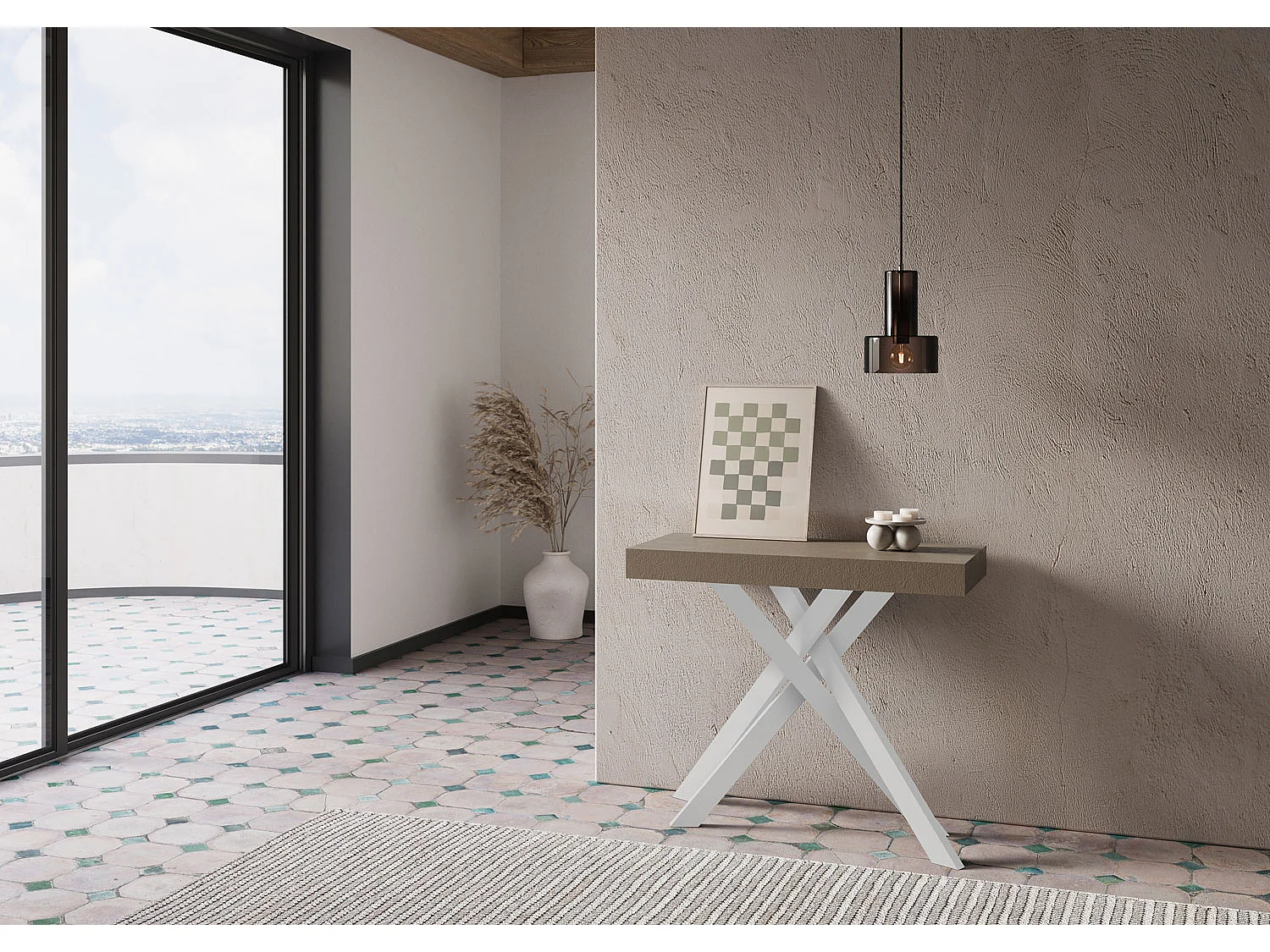 Uitschuifbare sidetable 90x40/196 cm Krack Small taupe met wit poten
